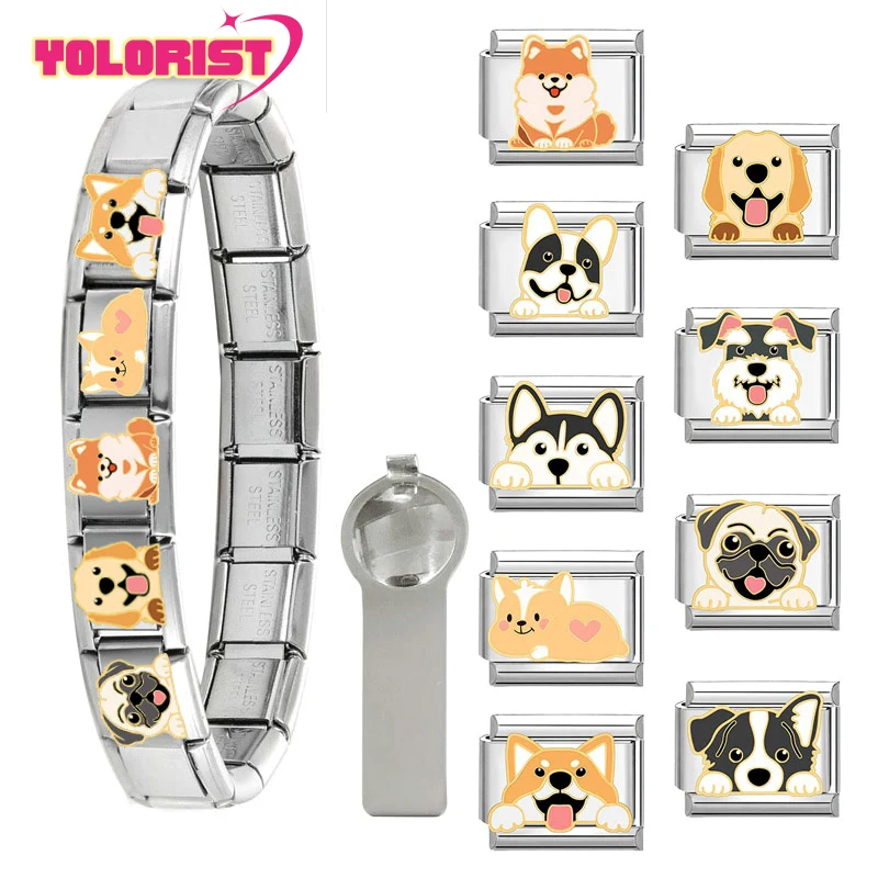 Y2k Fashion Charm Husky Teddy Teacup Dog Italian Charm Links Fit 9mm Bracelet Stainless Steel DIY Making Jewelry Birthday Gift