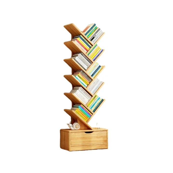 Tree Shaped Bookshelf with Cabinet Solid Wood Furniture Bookcase Floor Standing Narrow Storage Rack for Home Office Bedroom