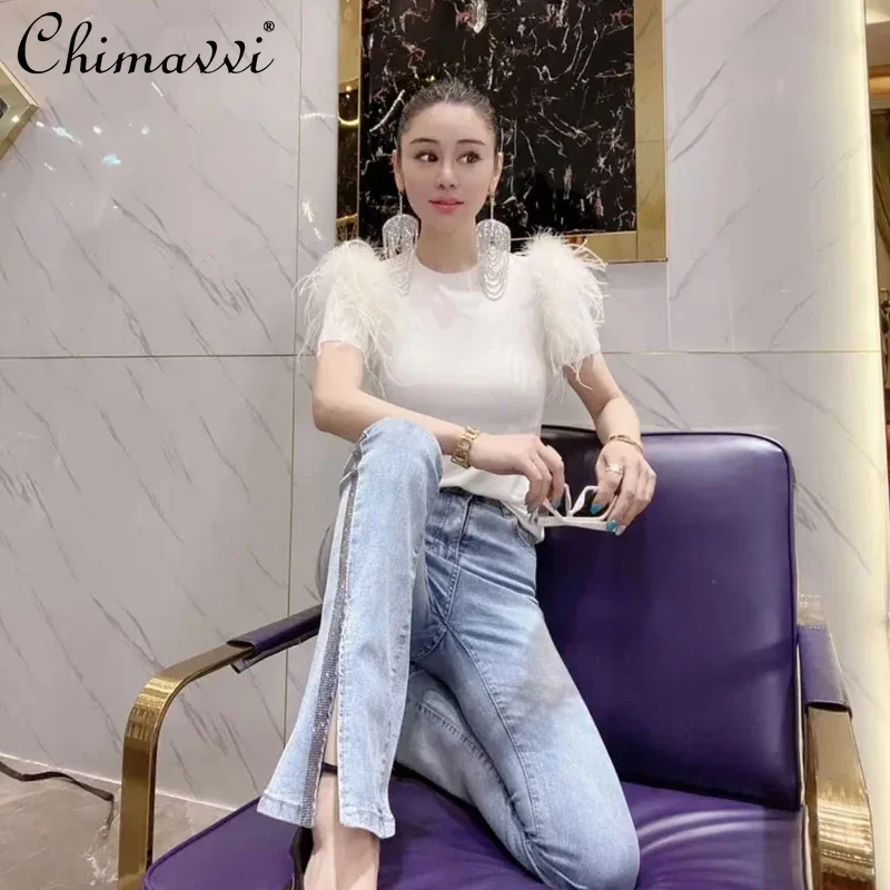 女性用タッセル付きヨーロピアンTシャツ,フェザートップ,スリム,フランスの有名人,マオマオ,春と夏の新しいファッション,2022