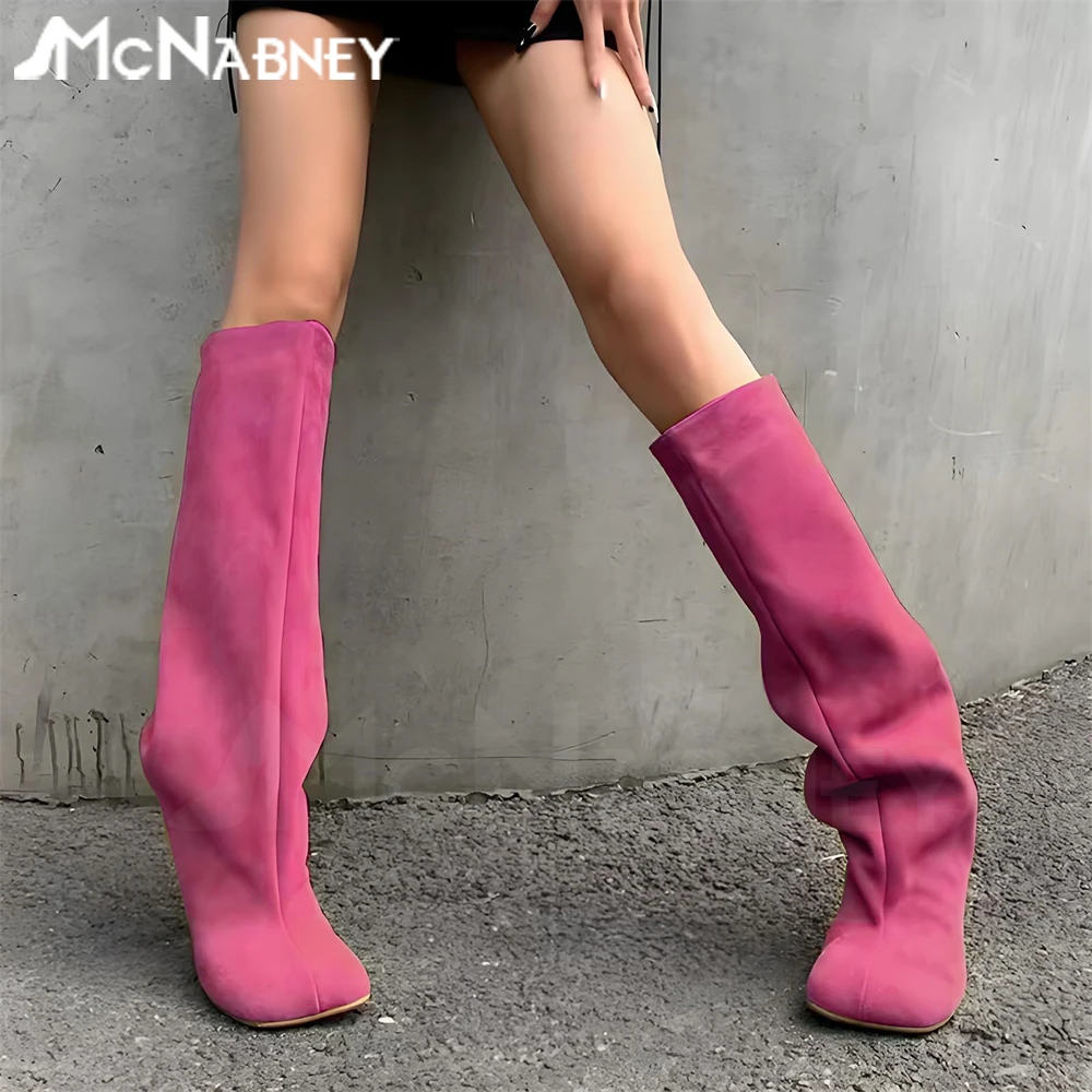 Velvety Soft Suede Slip on Knee High Boots Asymmetrical Square Toe Stiletto Heel Boots Customizable Colors for Women Large Size