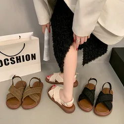 2025 Summer Low Sandals Woman Leather Suit Female Beige Cross Women’s Shoes Large Size Low-heeled Gladiator Black Comfort Girls