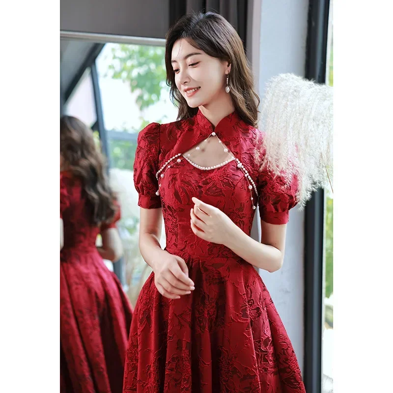 Migliorato abiti in stile cinese donna Toast sposa banchetto abito pizzo fiore Cheongsam abiti Sexy Hollow Mandarin Collar Qipao