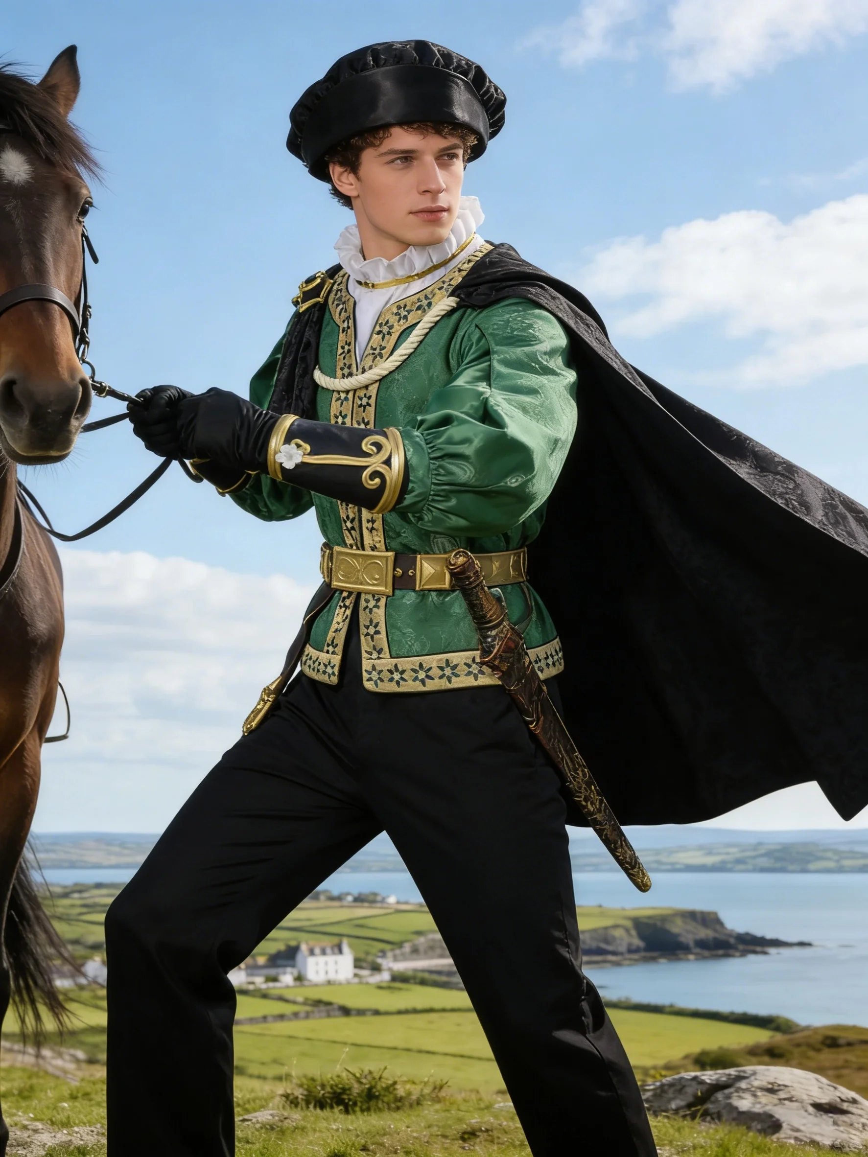 

Green retro European court style 9-piece cosplay set, medieval knight cloak, full set of Halloween performance costumes