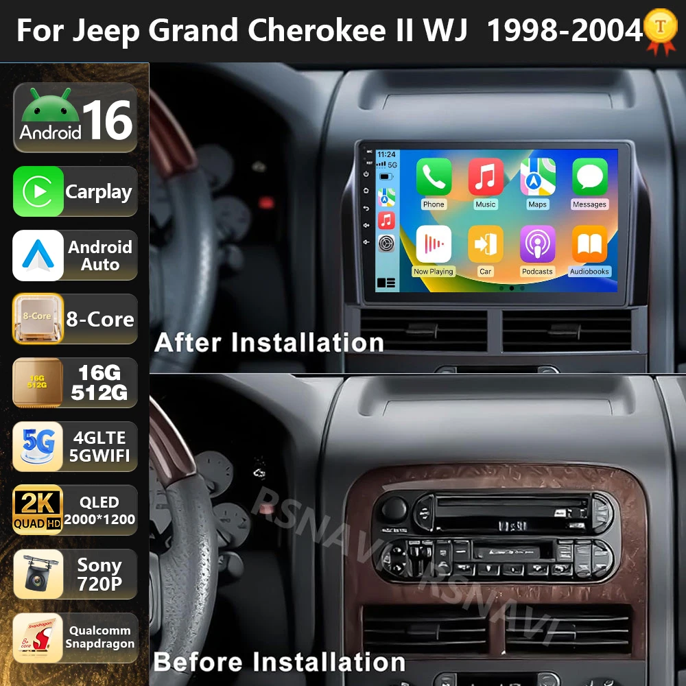 

Qualcomm Android 16 Carplay Auto Car Radio For Jeep Grand Cherokee II WJ 1998-2004 Navigation Multimedia Player Stereo Head Unit