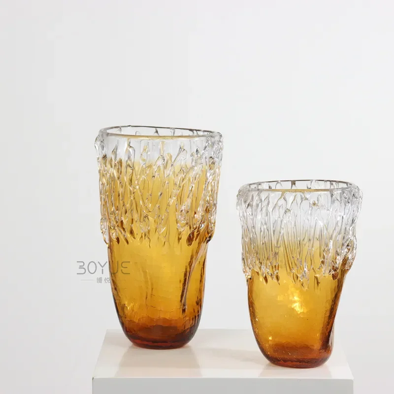 Amber Glass Vase Modern Retro Light Luxury Home Decor Living Room Flower Arrangement Ornament For Office Hotel Model Room