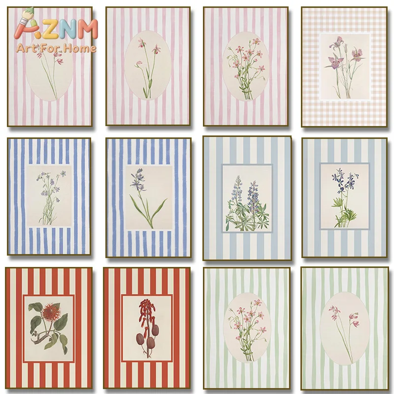 AZNM Vintage Striped Background Wildflower Canvas Wall Art Retro Botanical Floral Print Painting for Cottagecore Girls Bedroom D