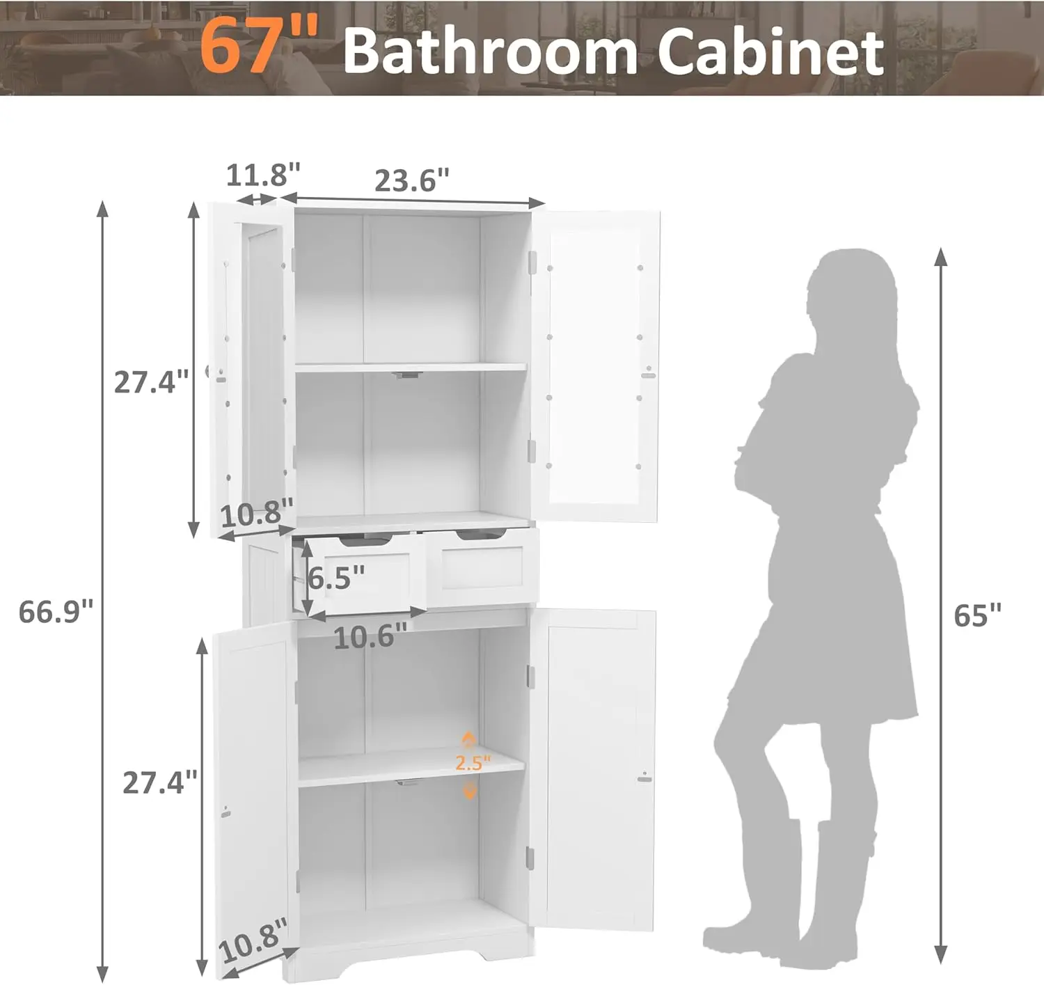 Storage Cabinet, Freestanding Linen Cabinet with Glass Doors and Shelves, Large Bathroom Pantry Cabinet with 2 Drawers for Livin