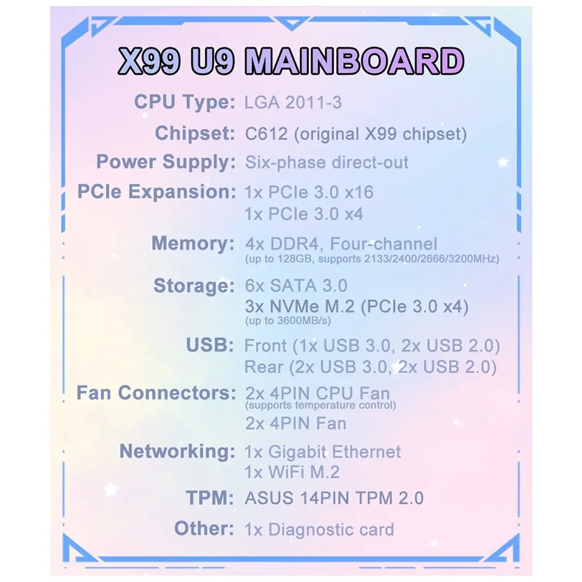 X99 U9 Motherboard LGA 2011-3 C612 Support TPM2.0 4 Channels DDR4 Memory NVME M.2 USB3.0 for Xeon E5 2630 V4 CPU - view 2