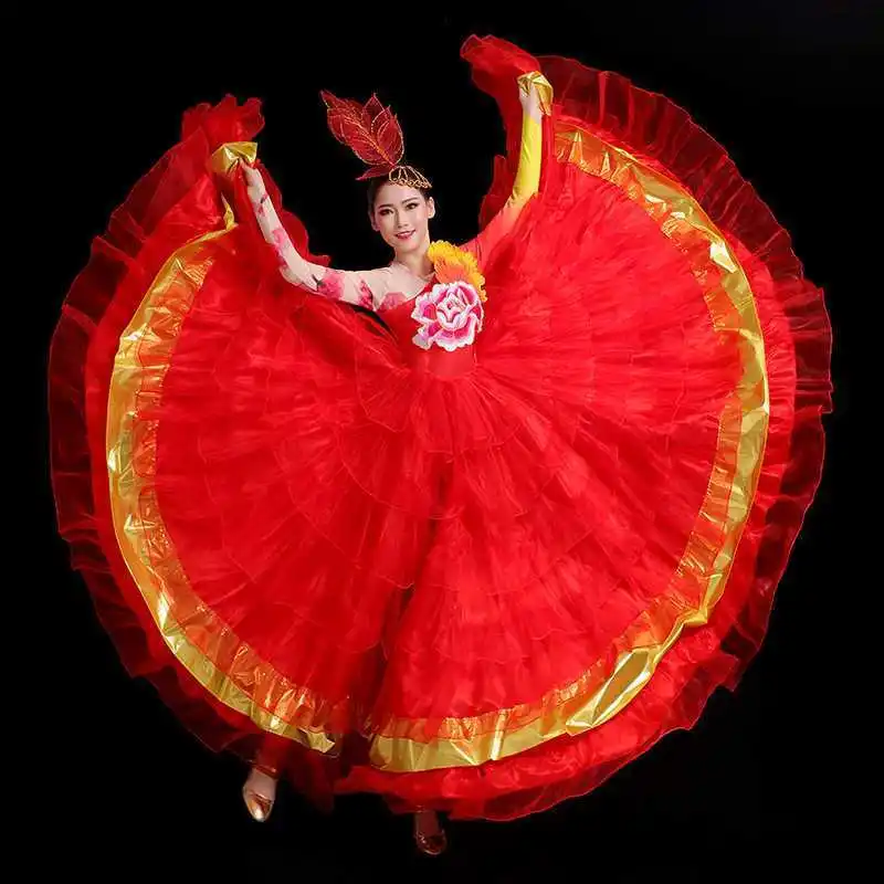 Spanish Bullfight Red Dress Flamenco Dance Performance Costume Opening Dance Big Swing Full-skirt for Adult Fluffy Dancing Wear