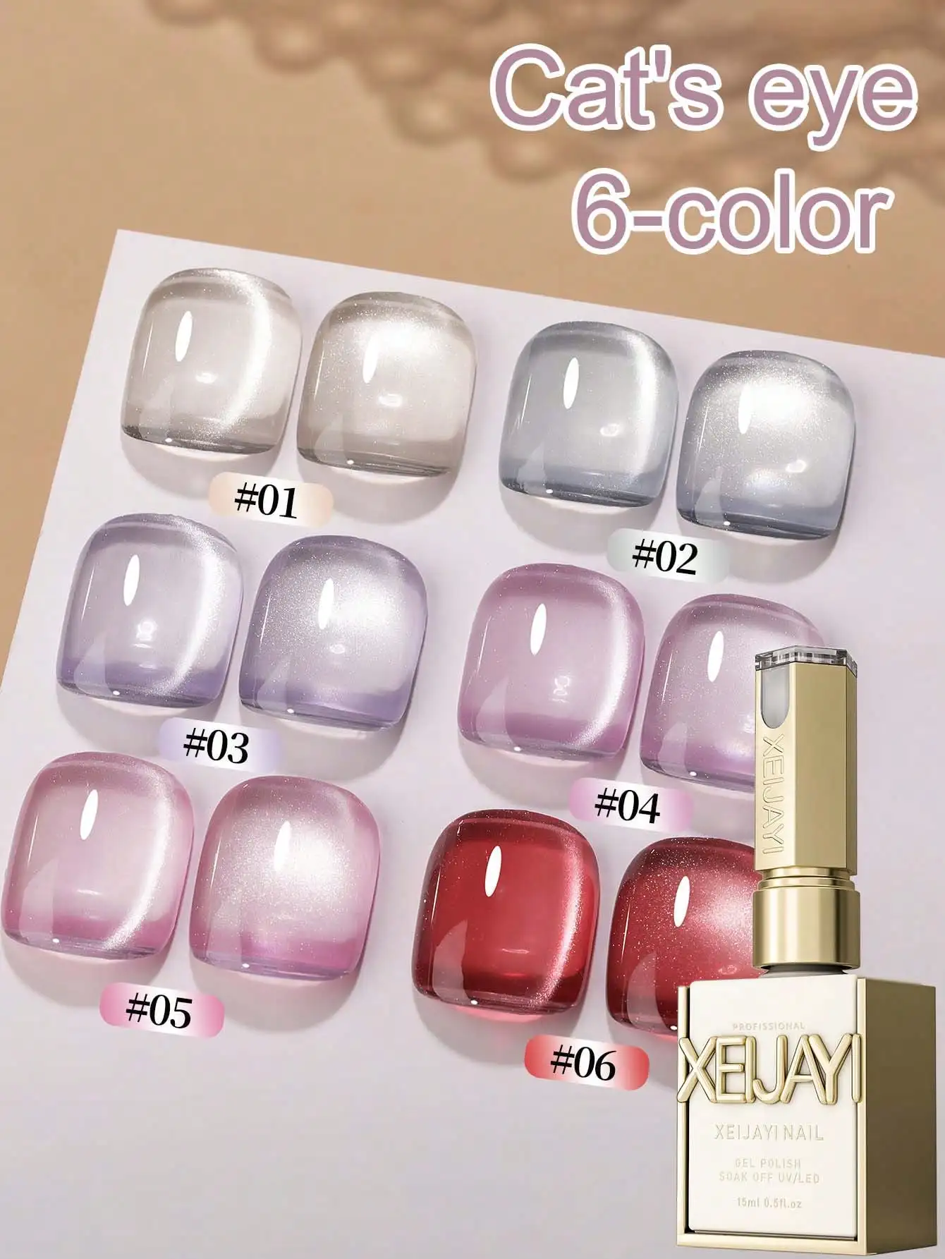 

XEIJAYI 6Pcs 15ML Water Mirror Cat's Eye Nail Polish Gel Set Light Therapy Gel Soaking Nails Magnetic Gel Polishing Nail Art