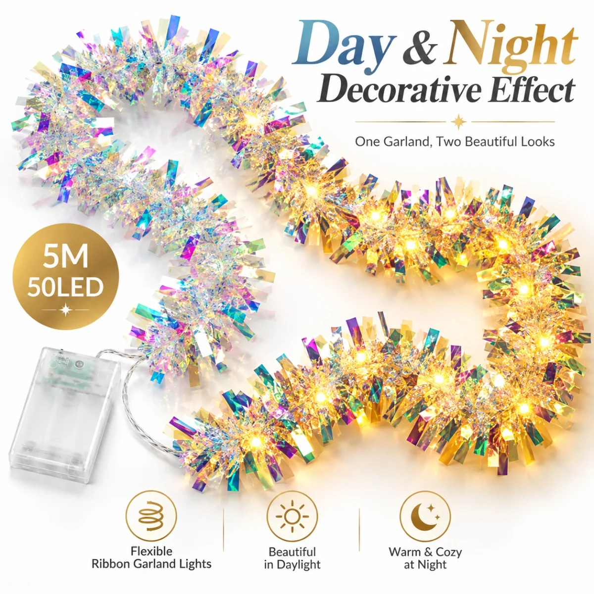 1pc Shiny Glitter Tinsel Ribbon LED String Light Battery Powered Rainbow Iridescent Garland Light For Indoor Festival Xmas Decor