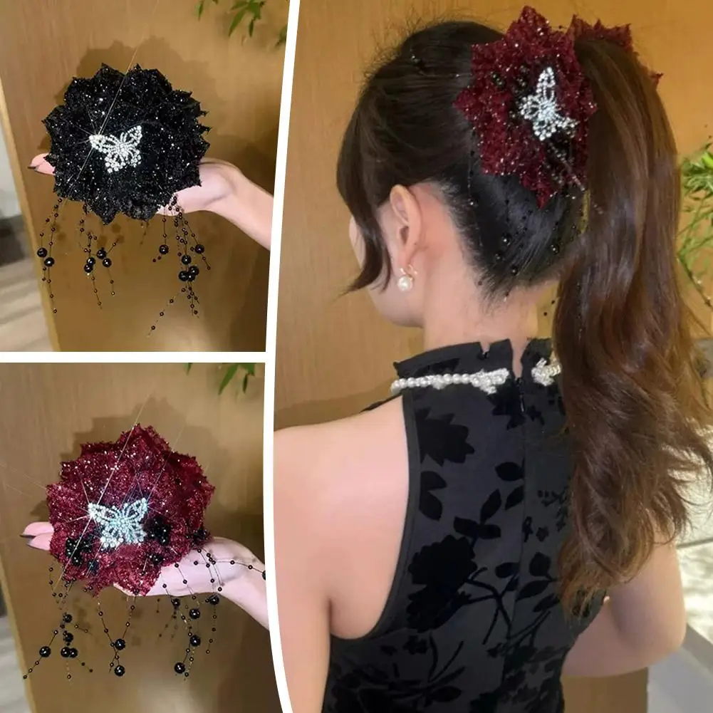 Pinza para el pelo con borla de plumas de peonía, Clip con borla de mariposa y flor, accesorio para el cabello único a la moda para niñas y mujeres I1H4