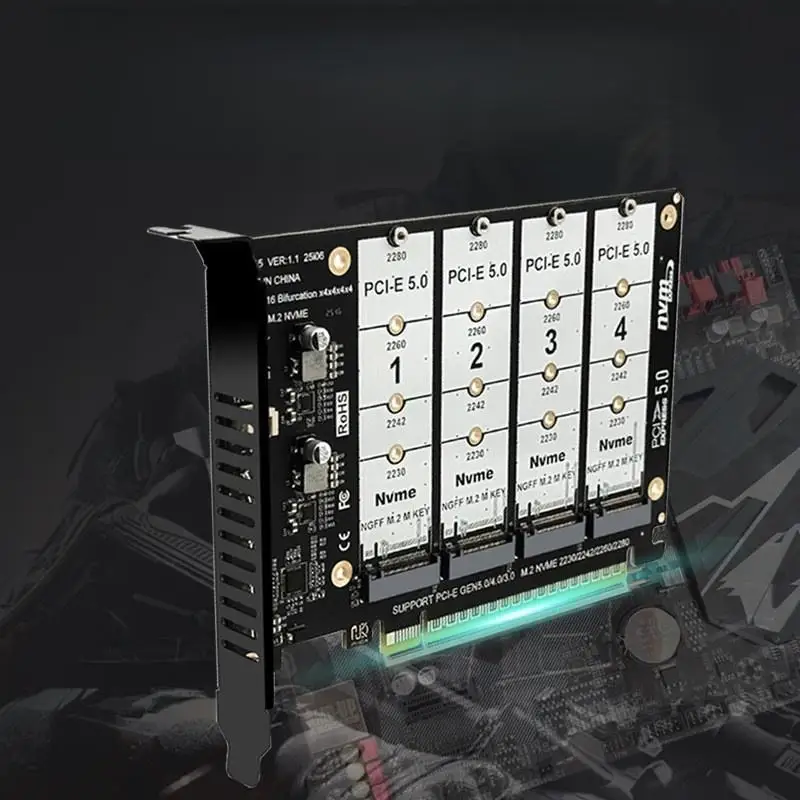 Elevate Your PC Performance PCIE5.0 X16 to 4 Port NVME Adapter for Multiple M.2 SSD Sizes from 2230 to 2280