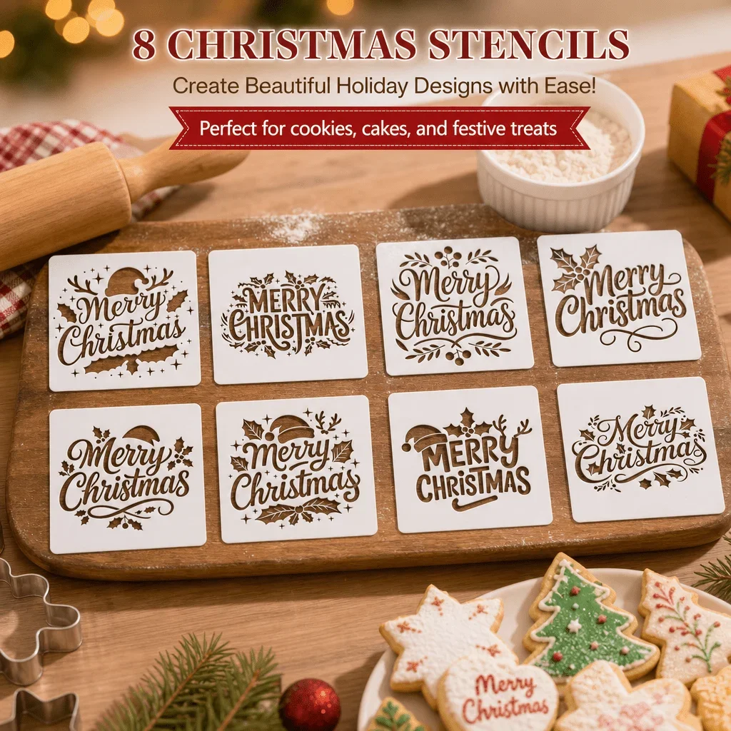 Food‑Grade PET 8Pcs Christmas Cake Stencil Set, Santa Hat Holly & Berries, Reusable Template for Cake Cookie Fondant Decor