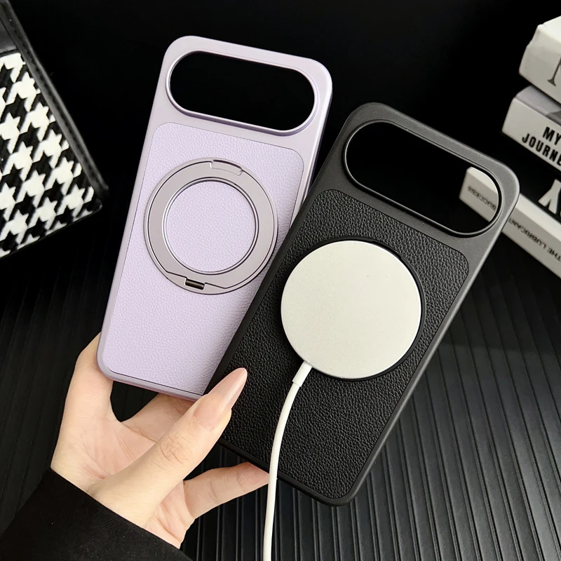 For Honor 500 Honor 500 Pro Case Litchi Grain Leather Strong Suction Metal Kickstand 360° Rotatable Spray Coating Hybrid Cover