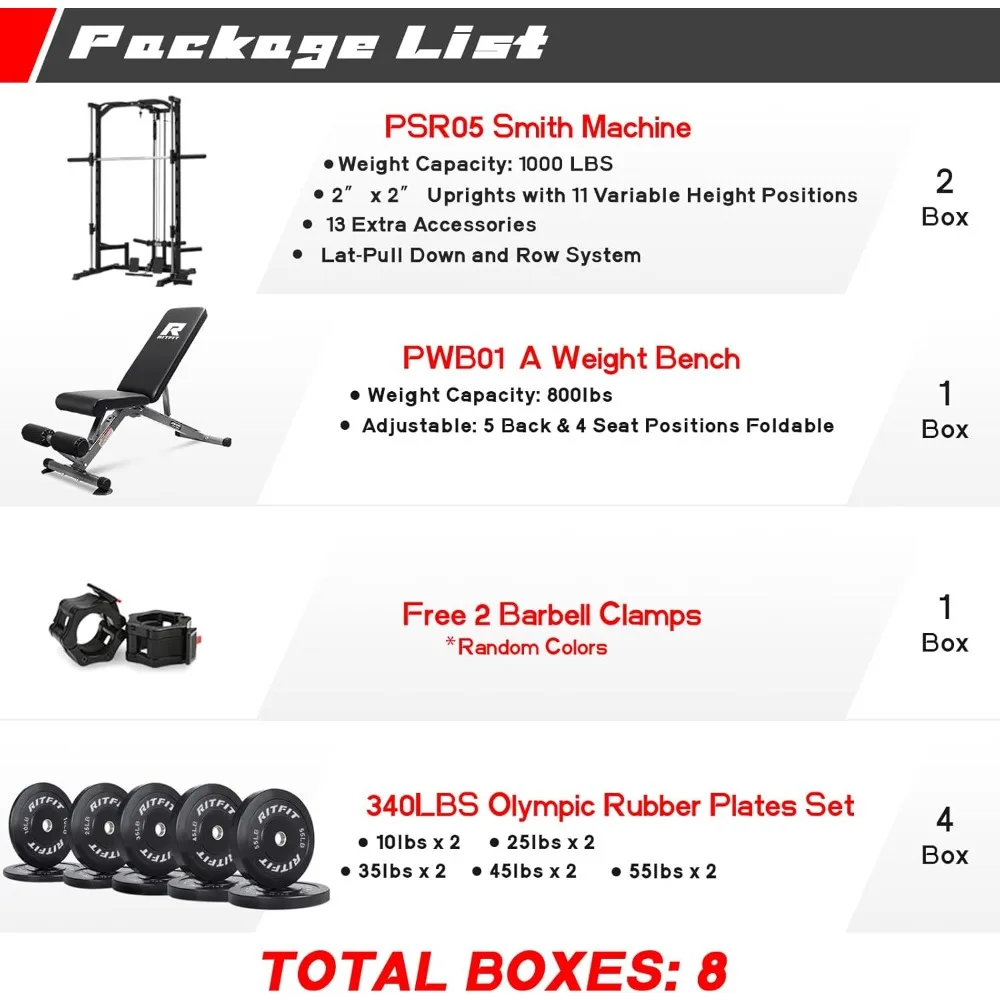 Machine Power Rack with LAT-Pull Down System, Landmine, Barbell Bar, Plate Storage Pegs and More Training Attachment