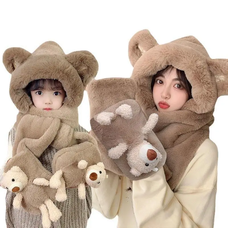Conjunto de tres piezas de gorro de oso pequeño 3D para niños, bufanda y guante de invierno, Red roja, felpa linda, cálido y engrosado, sombrero tres en uno