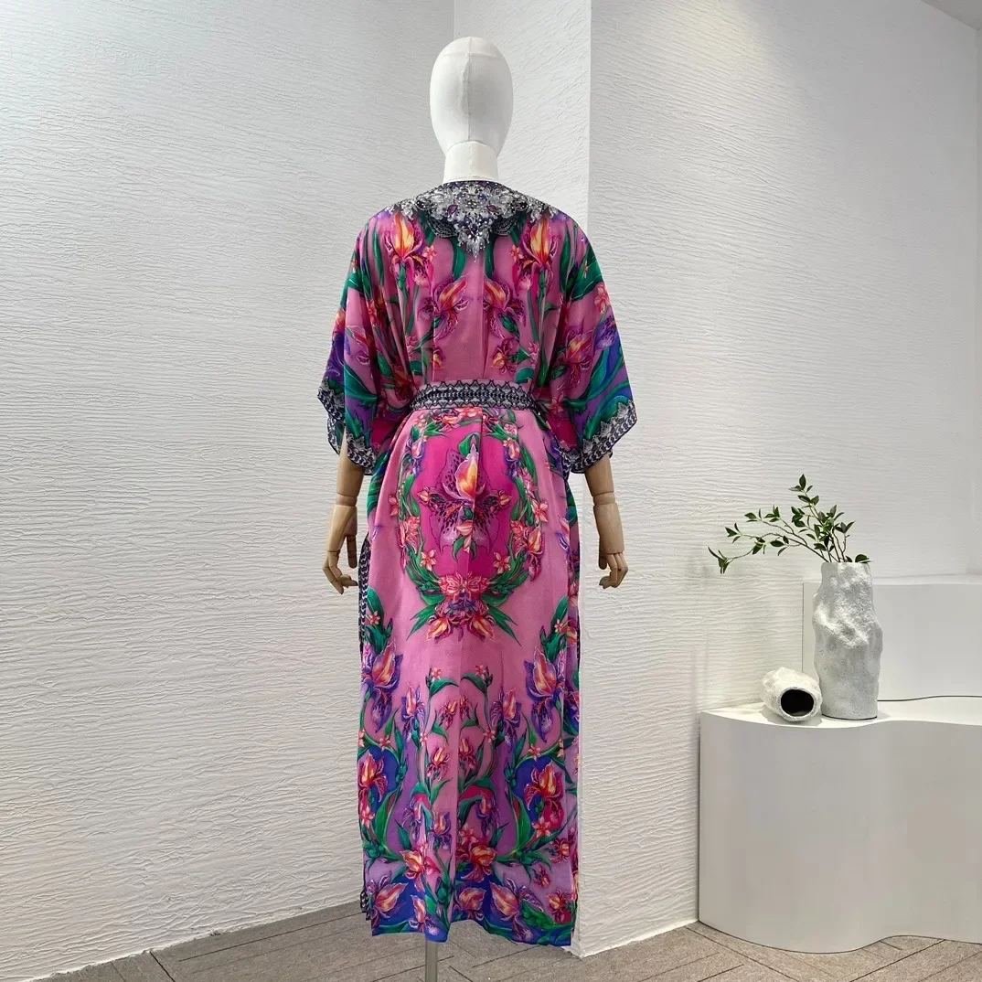 Silk Rose Red Flowers Print 3/4 Sleeve Diamonds Pressed V-Neck Belt Wrap Loose Midi Dress 2024 New Elegant Clothing for Ladies