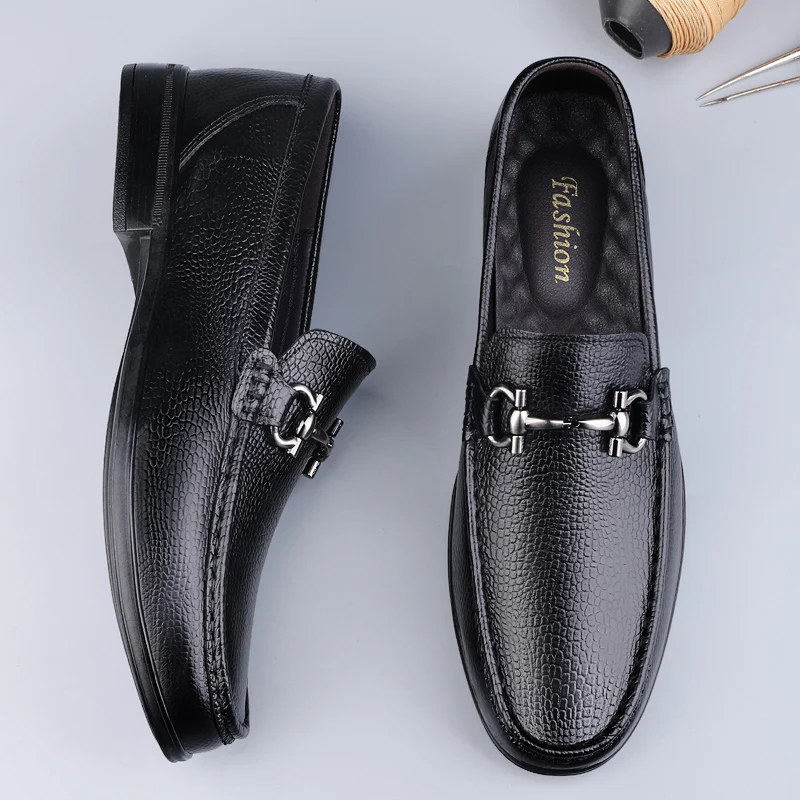 Spring New Metal Buckle Mens Casual Shoes Luxury Brand Loafers Genuine Leather Men Driving Shoes Mocasines Slip-On Walking Shoes