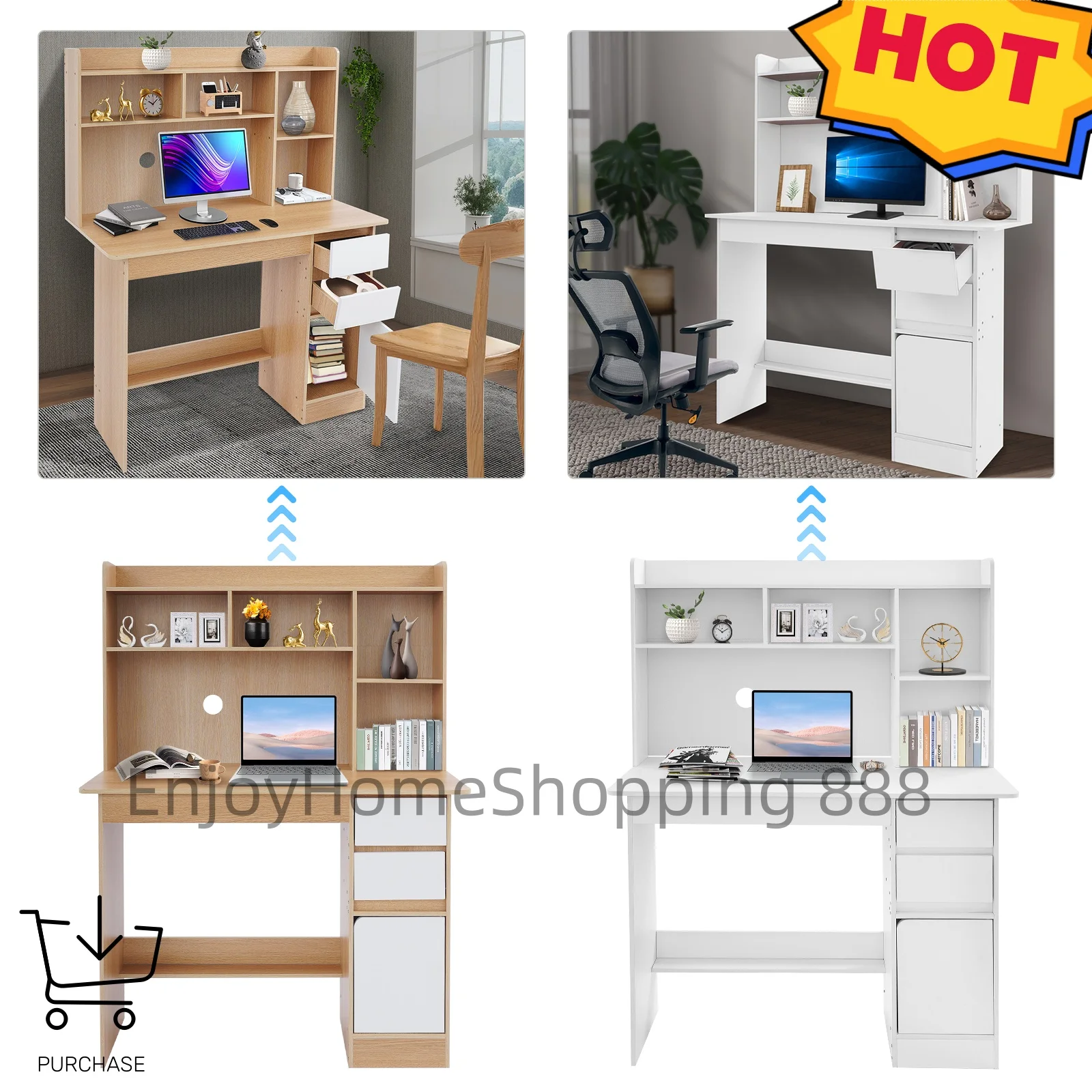 100cm Warm White/Oak Study Desk with Bookshelf & Storage Modern Design, Drawers & Cabinet, Easy Assembly for Home Office