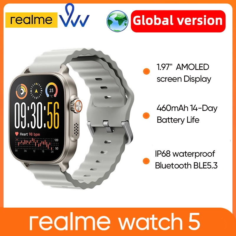 

100% NEW realme watch 5 1.97" 600nits AMOLED 460mAh 14-Day Battery Life 300+ Themes Support GNSS IP68 waterproof Global Version
