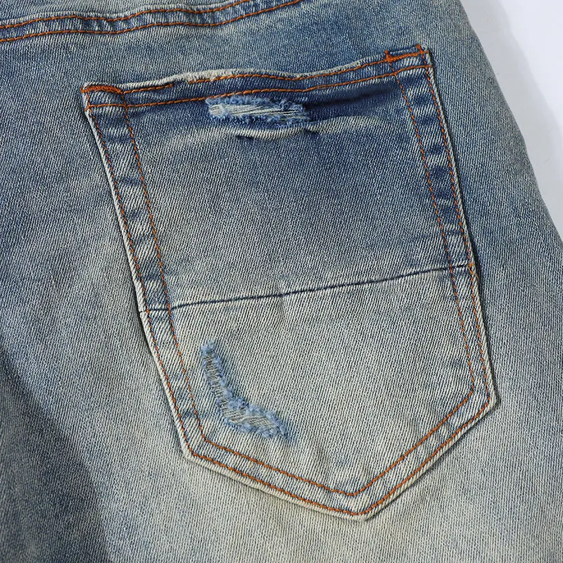 Y2K high-quality new denim jeans nostalgic washed elastic band slim fit perforated patch light blue jeans hip-hop brand pants ho - Image 4