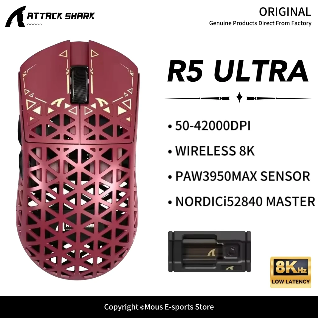 R5 ULTRA ATTACK SHARK Tri-Mode 8K Wireless Mouse Carbon Composite Shell 42000DPI Web Driver Nordic52840 for Gaming