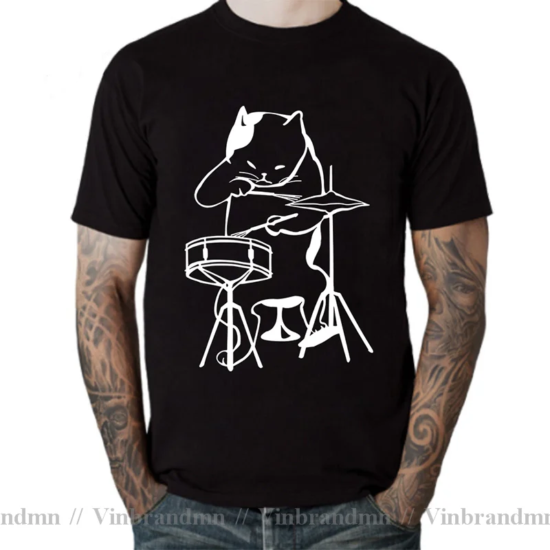 The Musician Cat Playing Drums T-Shirt Funny Birthday Gifts For Men Male Drummer Cat lover Cool Cartoon T Shirt Hip Hop Tshirt