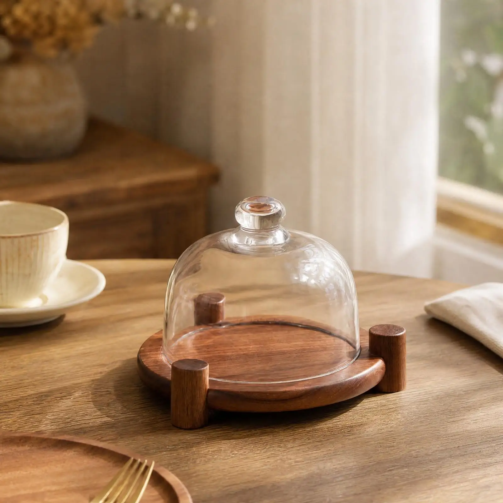 Plateau de présentation de gâteaux en bois rond avec couvercle en verre pour support de service de pâtisseries, centre de table pour desserts