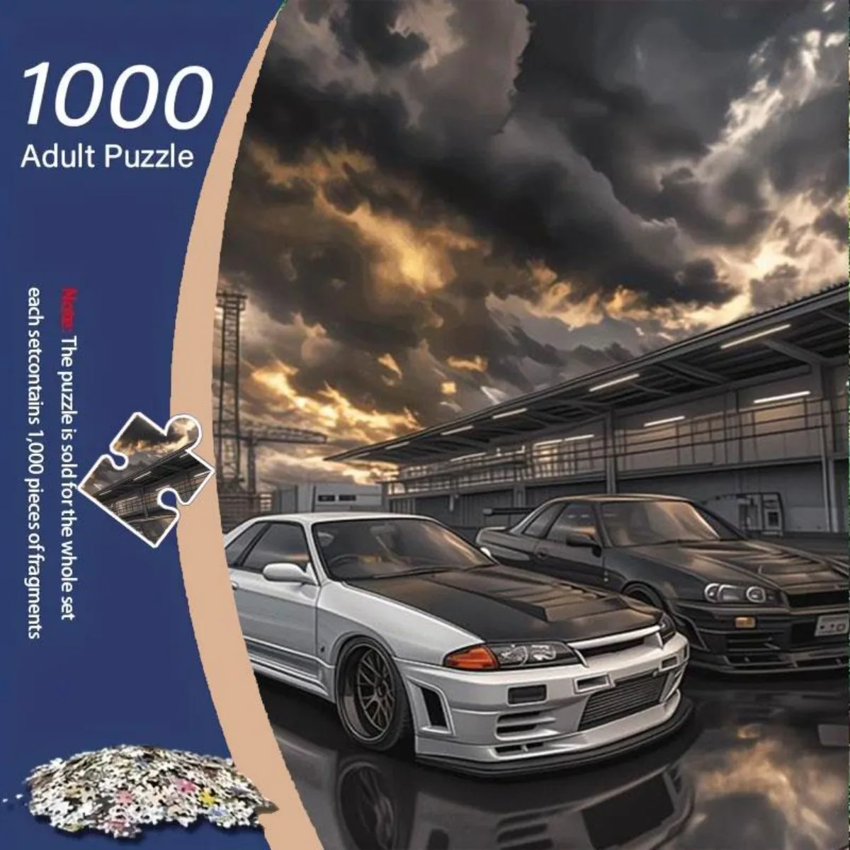 1000pcs Adult Puzzle - Japanese Racing Cars with Dark Clouds & Golden Glow, Challenge-Level Difficulty, Frameless Large Puzzle