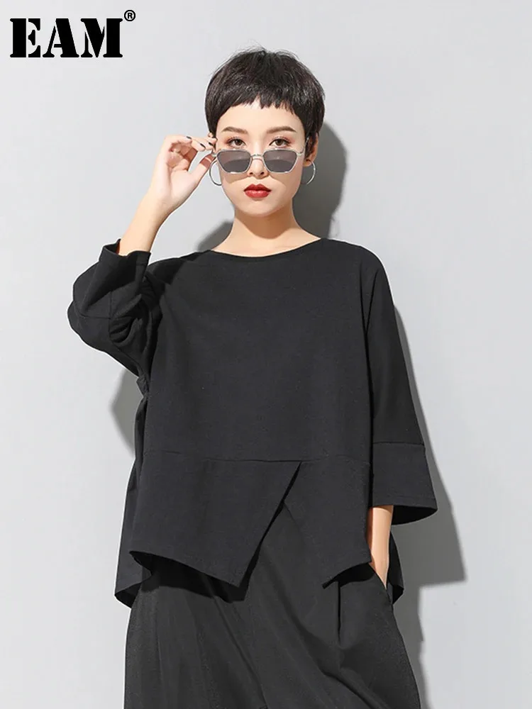 

[EAM] Women Black Irregular Split Joint Big Size T-shirt New Round Neck Three-quarter Sleeve Fashion Spring Summer 2024 1U321