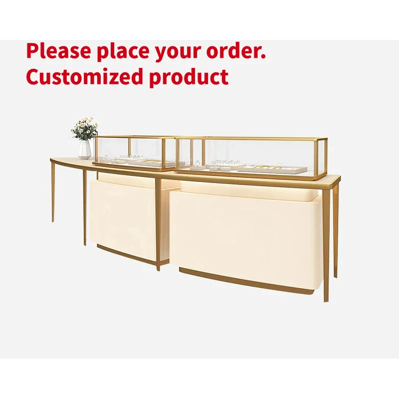 custom.Beige Matte Rose Gold Thin Stainless Steel Frame Combination Jewelry Display Counter Curved Side Table With Dual G