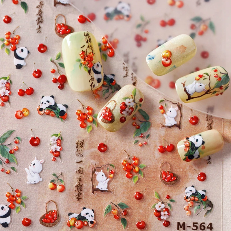 

Lovely Red Cherry Panda Rabbit Chinese Style 3D Jelly Self Adhesive Nail Art Sticker Cute Animal Fruit Manicure Decals Wholesale