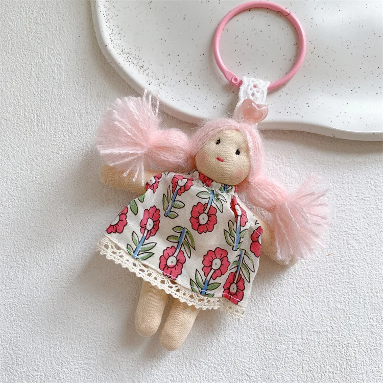 Keychain Charm Cartoon Plush Doll Floral Dress Braided Girl Bag Backpack Purse Ornament Gift Colorful Soft Lightweight