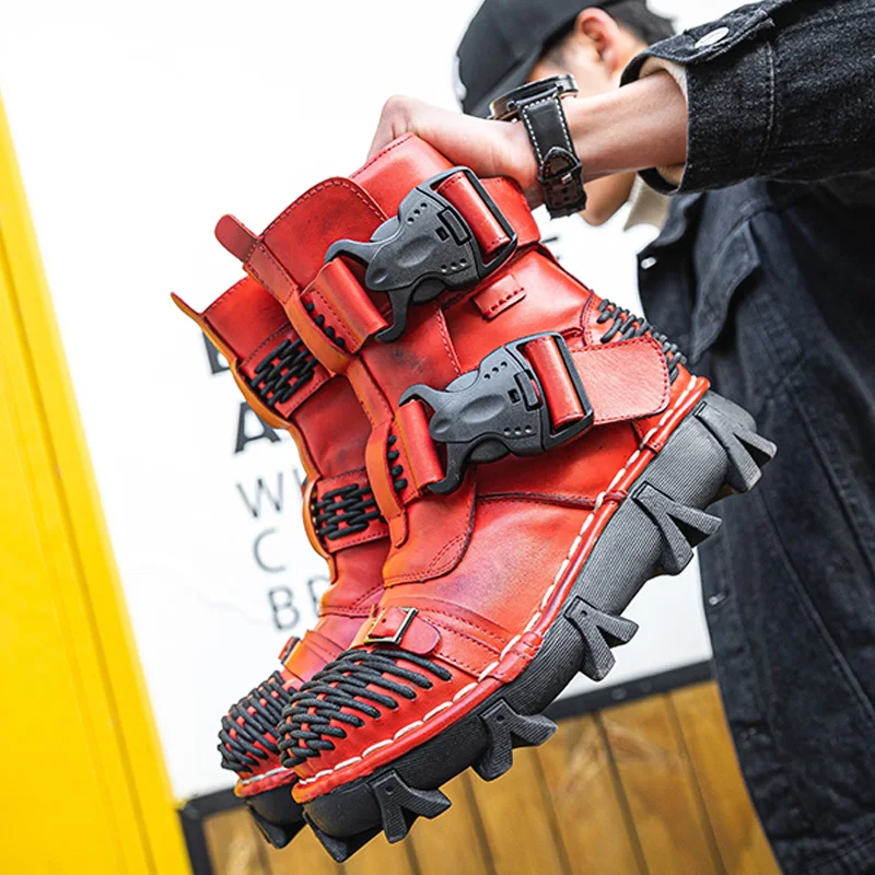 Botas de motocicleta de cuero genuino para hombre, botines de combate de vaquero Punk gótico con Calavera, zapatos de trabajo de seguridad, botas