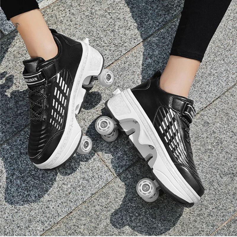 Roller Parkour Shoes 4 Roller Deformation Skates Shoes Kids Adults Unisex Sneakers Street Urban Fitness FSK Quad Skating Shoes