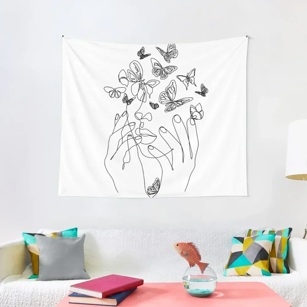 

Abstract face with butterfly by one line drawing. Portrait minimalistic style.Botanical print. Nature symbol of cosmeti Tapestry