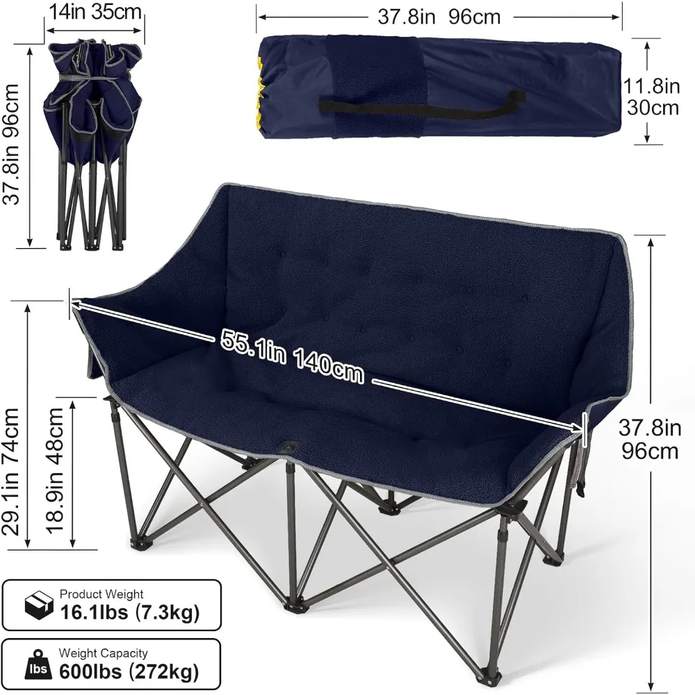 Padded Loveseat Camp Couch for Two, Foldable Lawn Chair with Cushion for Outdoor and Home Use, Deep Blue