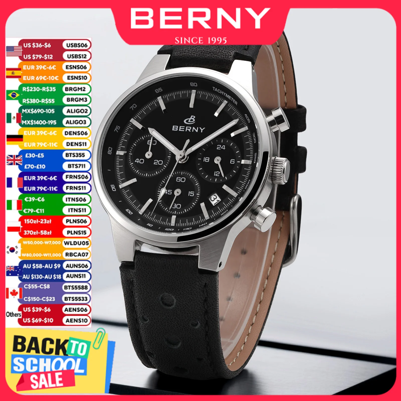 BERNY Chronograph Herrenuhren, Top-Sportuhren, hochwertige Luxus-Quarzuhr für Herren, wasserdicht, Saphir-Retro-Leder-Herrenuhr