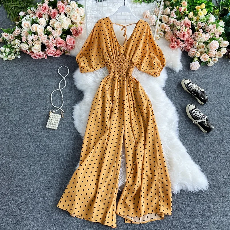 Women Wide Leg Trousers Jumpsuit V Neck Sexy Dolman Sleeves Waist Slim Polka Dot Print Jumpsuit