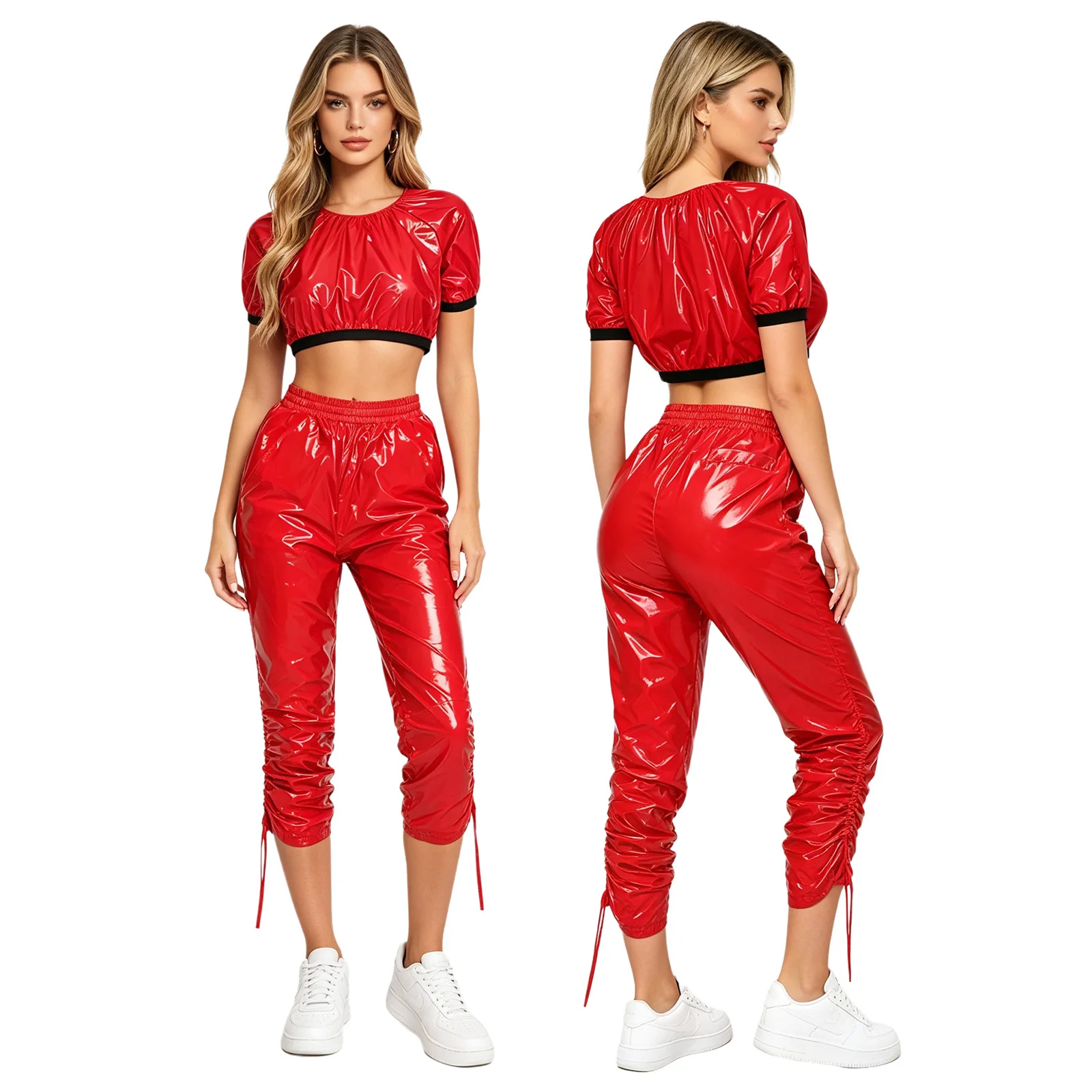 Women Waterproof Glossy Outfit Short Sleeve Crop Top and Drawstrings Leg Sides Capri Pants for Workout Party Swimwear Beachwear - view 3