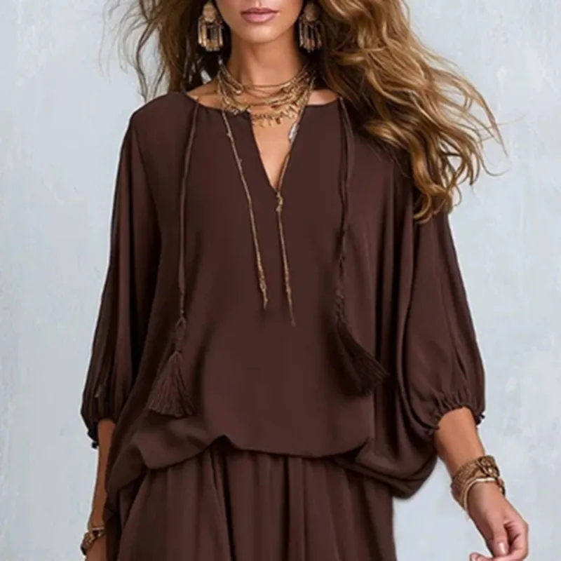 Solid Bohemian Skirt Set Women V Neck Loose Puff Sleeve Top & Tiered Ruffle Hem Maxi Skirt Suit Retro Travel Party Casual Outfit