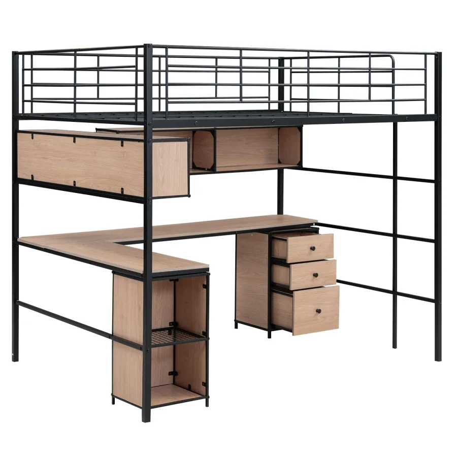 Metal Loft Bed with bookcase, desk and cabinet, Assembly required，Full size,High-quality material and solid construction