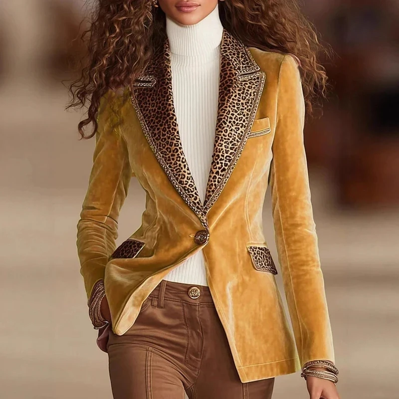 

Vintage Leopard Printed Patchwork Velvet Casual Long Sleeve Slim Commute Coat Autumn Winter New Women's Button Outerwear