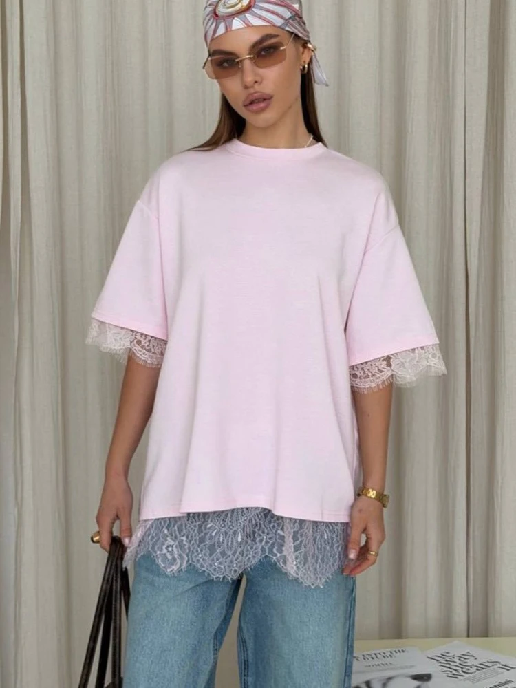Summer Lace Patchwork Casual Short Sleeve Top for Women 2026 Back Split Pullover Shirt Loose Female Round Neck Top Streetwear