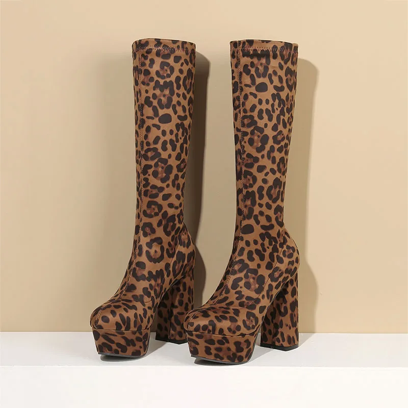 

Arden Furtado 2024 Spring Woman's Leopard suede Middle boots Round toe Waterproof platform Super high heel Fashion boots