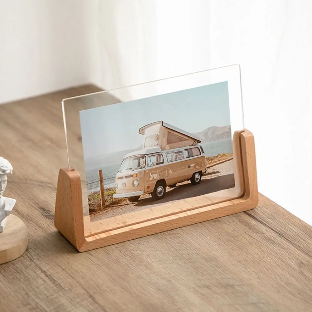 Display Rack Acrylic Photo Frame U Shape Transparent Wood Pictures Frame Walnut/Beech Creative Photo Holder