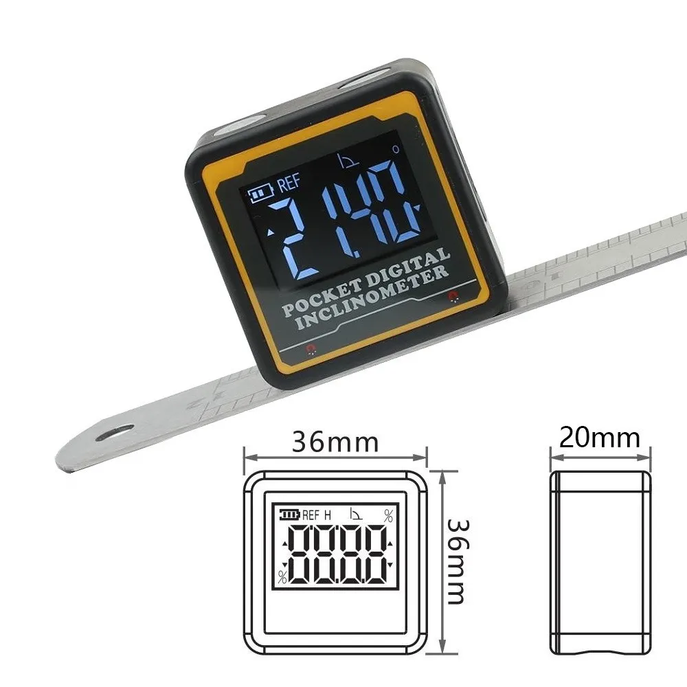 مقياس الميل الرقمي من النوع c، عرض الإضاءة الخلفية، مقياس الزاوية الرقمي، صندوق المستوى الإلكتروني، قاعدة مغناطيسية، مكعب زاوية