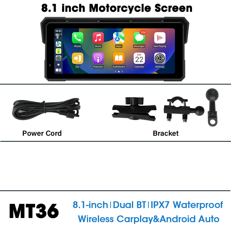 Jansite 8,1 inch motorfiets Carplay 4K + 1080P dubbele lens IPX7 waterdicht draadloos CarPlay en Android Auto Moto GPS-navigatie