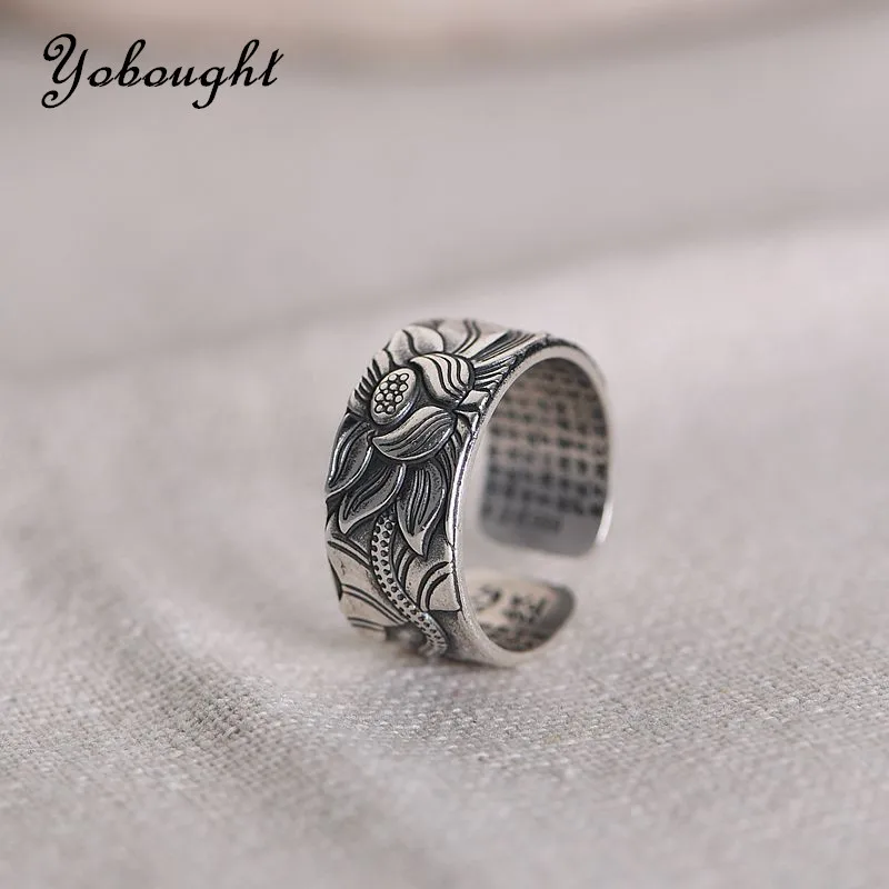 

S925 Foot Silver Vintage Craft Lotus Heart Sutra Ring Women's Open Flower Silver Jewelry Chinese Style Ring